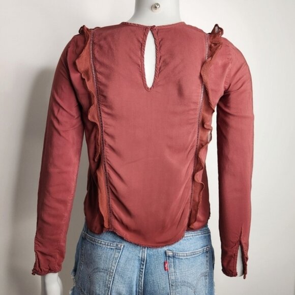 Aritzia Wilfred Brown Satin Long Sleeve Ruffle Bodice Peplum Top Size XXS - Picture 7 of 13